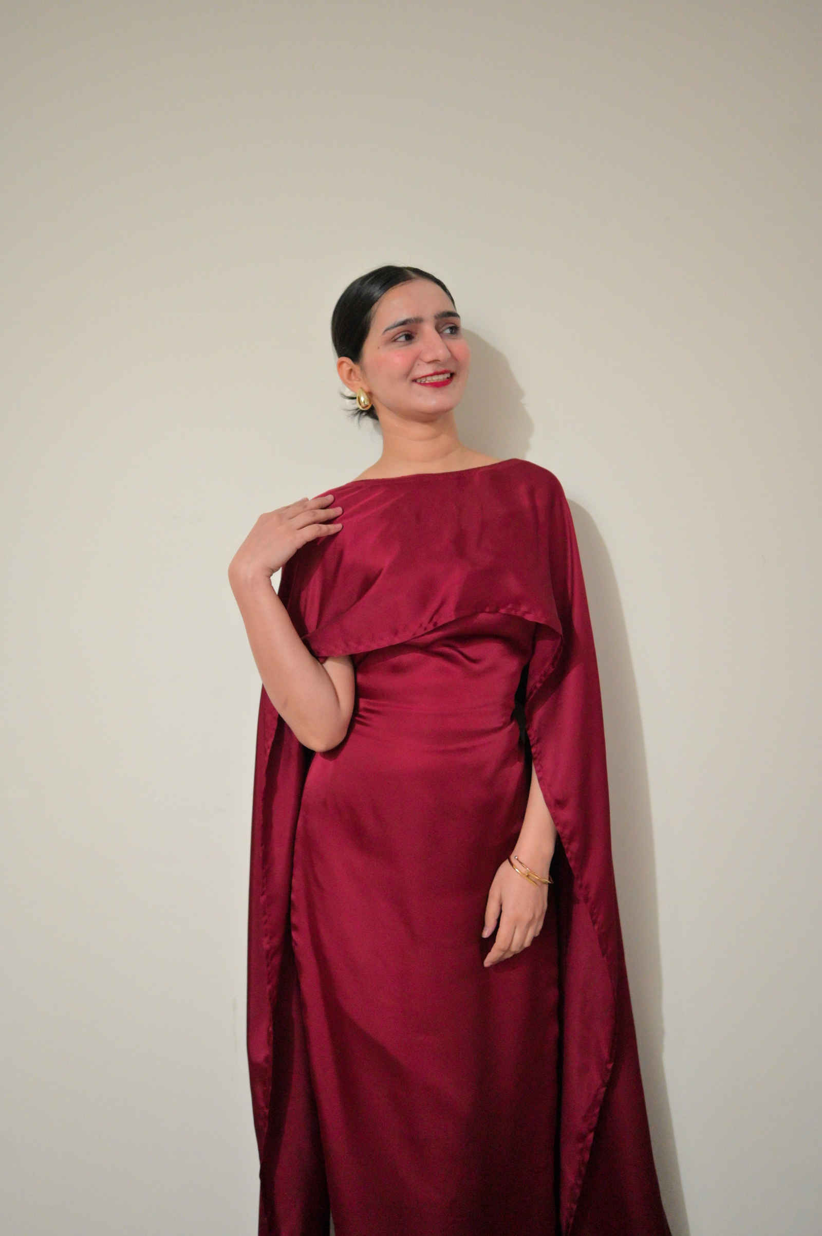 Maroon silk cape dress